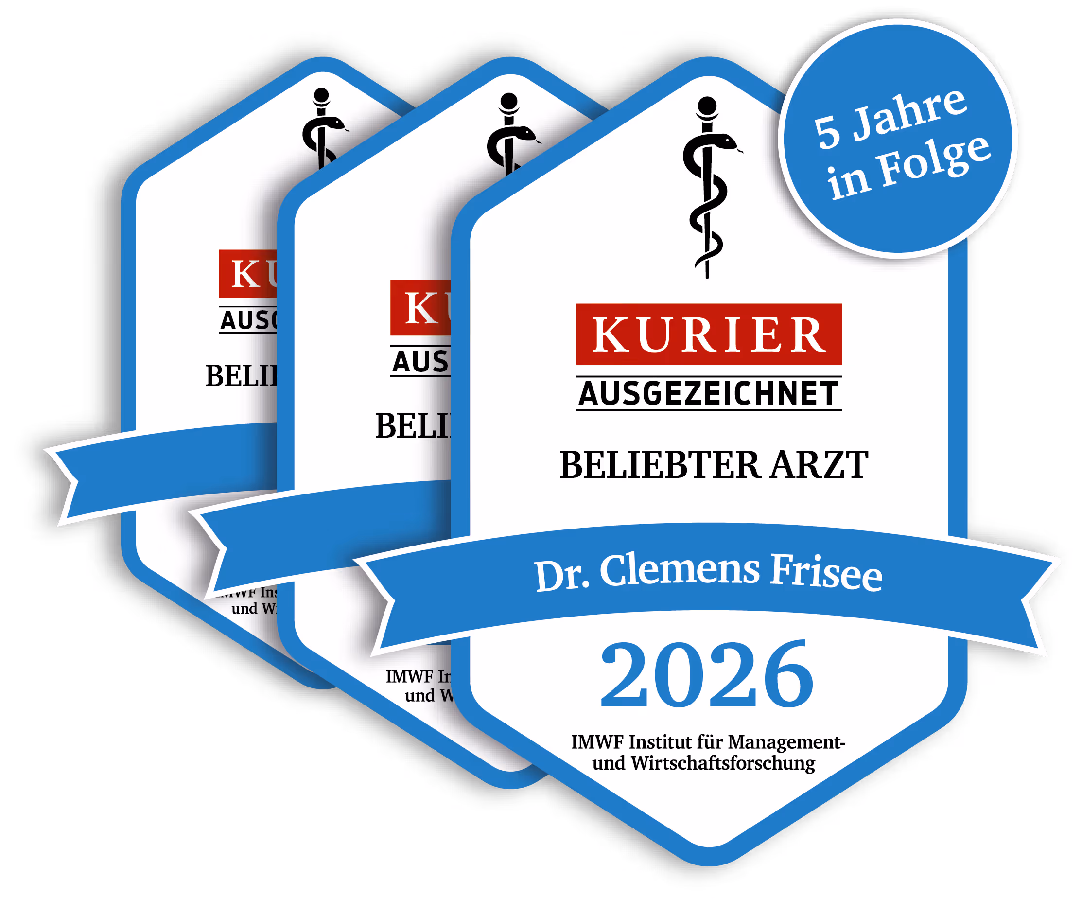 Drei überlappende Auszeichnungssymbole für 'KURIER Ausgezeichnet Beliebter Arzt' 2026 mit dem Namen Dr. Clemens Frisee und dem Hinweis '5 Jahre in Folge'.