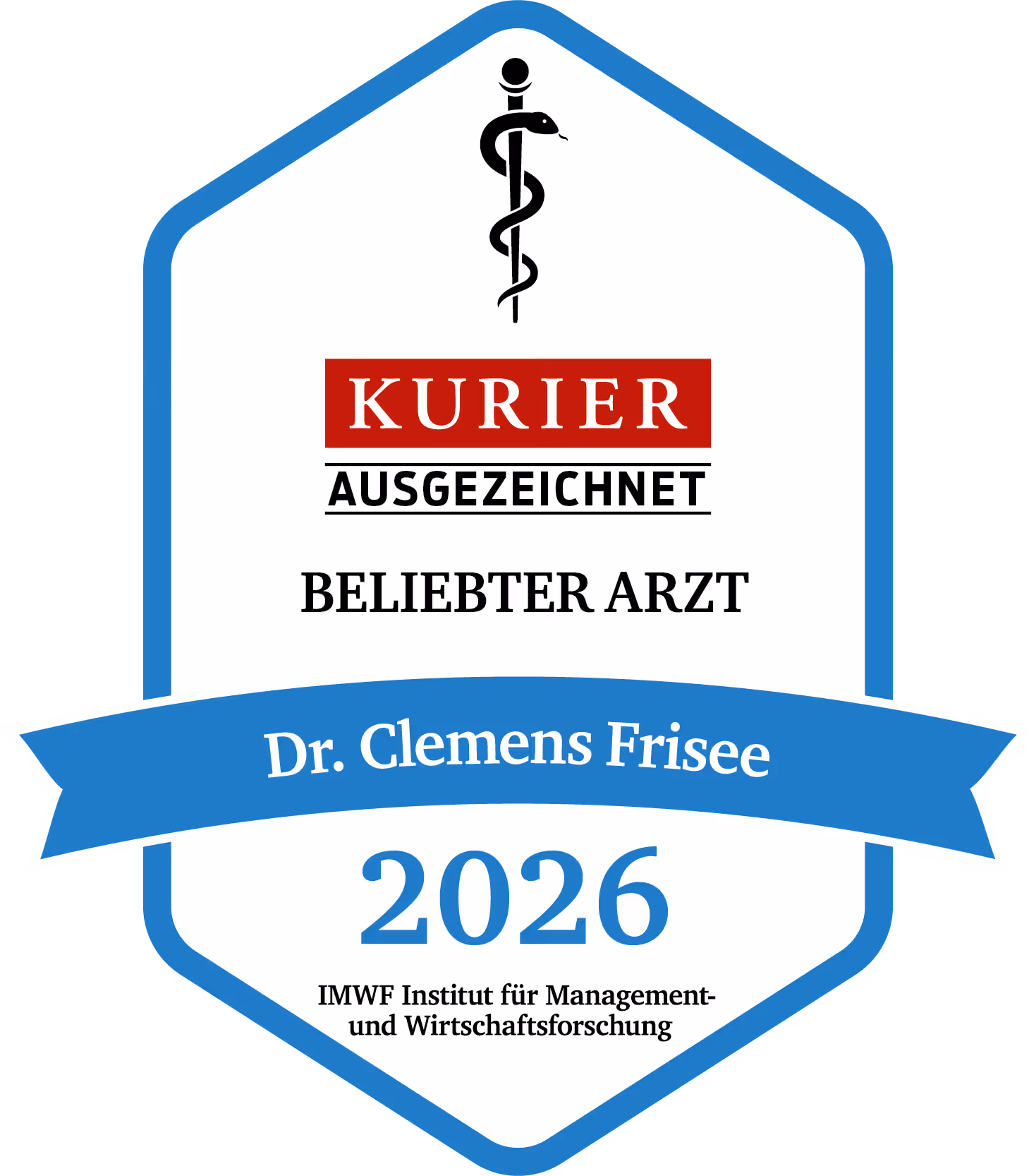Gütesiegel für Dr. Clemens Frisee als ausgezeichneter beliebter Arzt 2026 vom Kurier und IMWF Institut für Management- und Wirtschaftsforschung.
