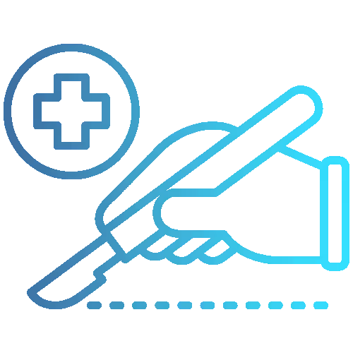 Hand mit einem Skalpell und einem medizinischen Pluszeichen, das für chirurgische Behandlung oder medizinische Operation steht.