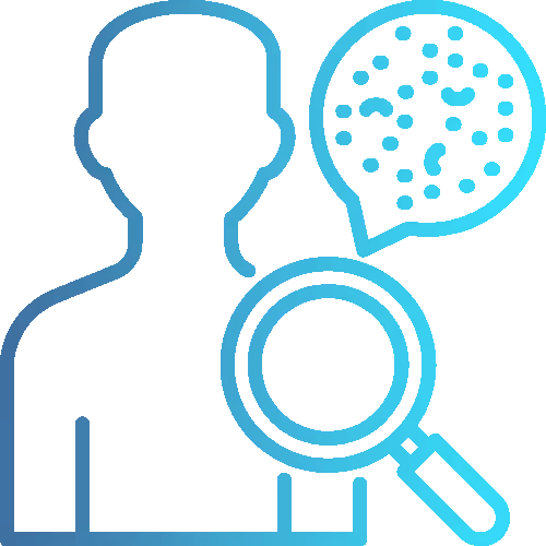 Symbol einer Person mit einer Lupe und Hautveränderungen in einer Sprechblase, die Krankheit symbolisiert.