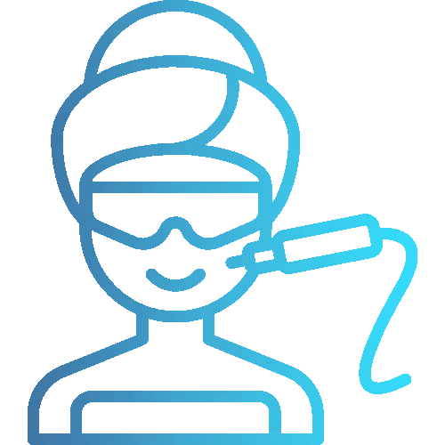 Grafische Darstellung einer Person mit Schutzbrille und Haarhaube, die eine kosmetische Behandlung im Gesicht erhält.