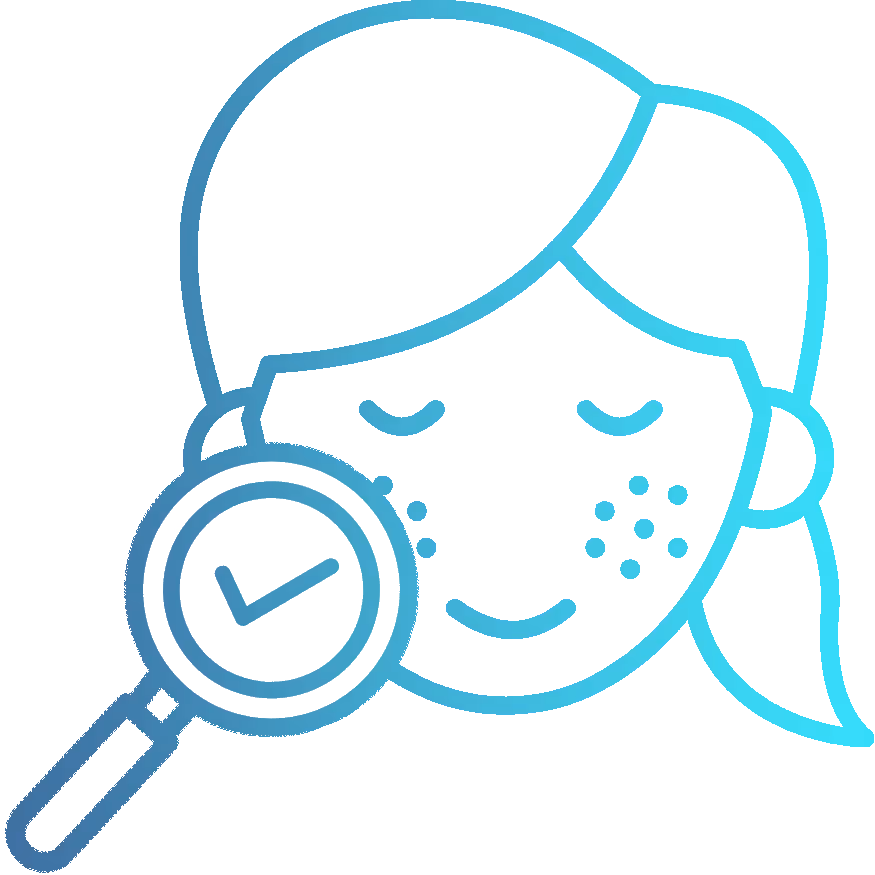 Symbol einer Frau mit Hautunreinheiten und einer Lupe mit Häkchen, die Hautprüfung darstellt.