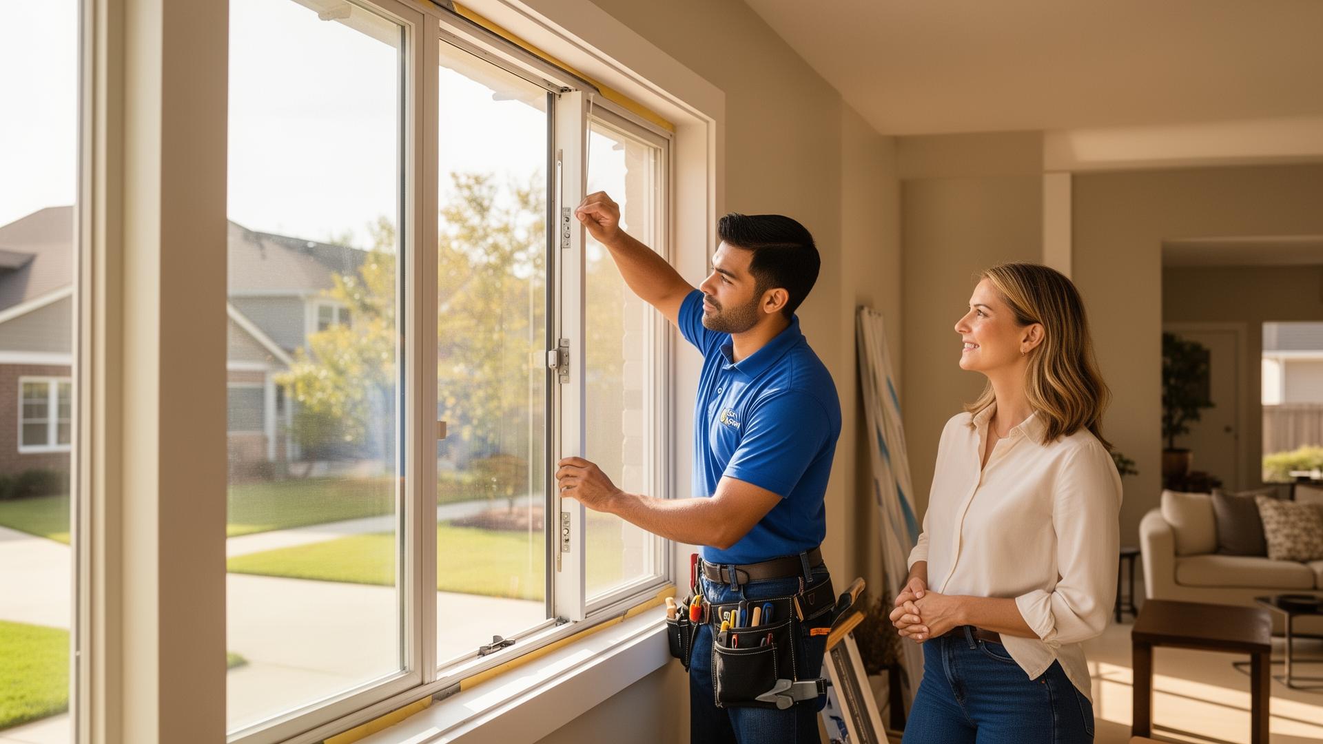 Window installer fitting a new window while a homeowner watches.