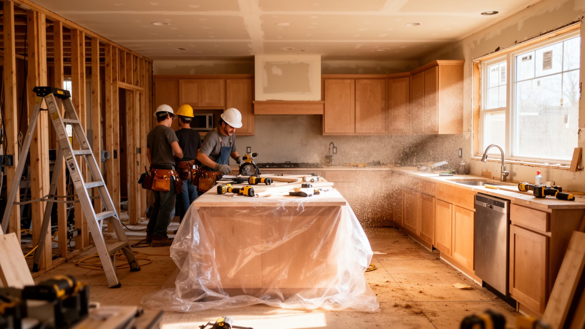 American kitchen mid-remodel with contractors at work