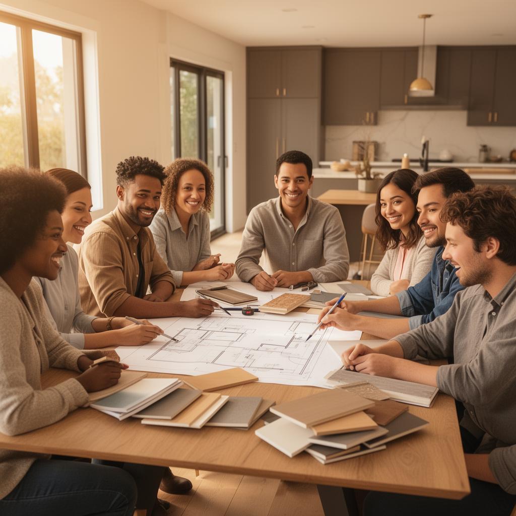 Group of homeowners reviewing floor plans and material samples around a table.