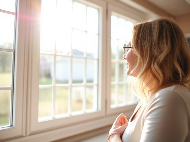 Homeowner looking out through bright new multi-pane windows.