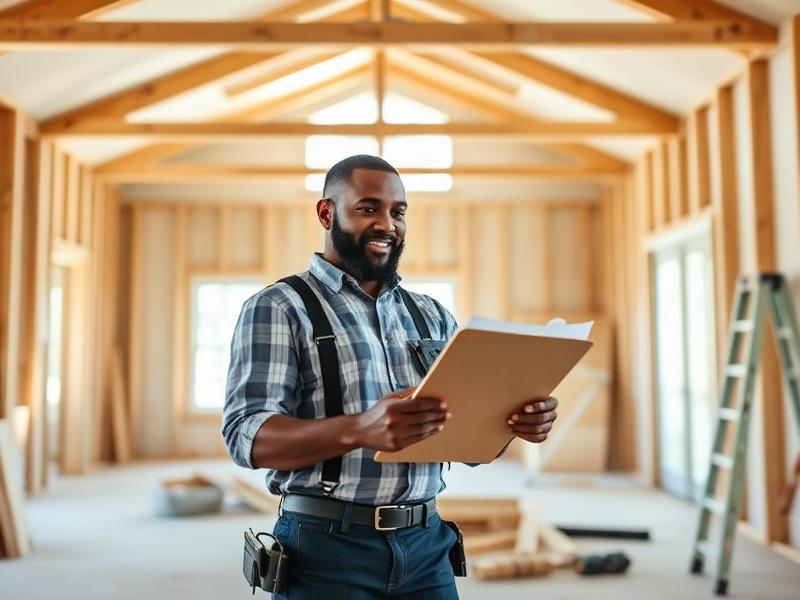 General contractor reviewing plans on a residential renovation site.