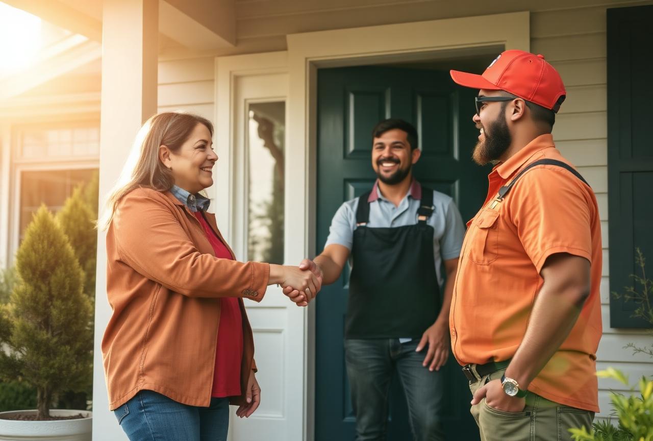 Homeowner shaking hands with two contractors at the front door of a home.