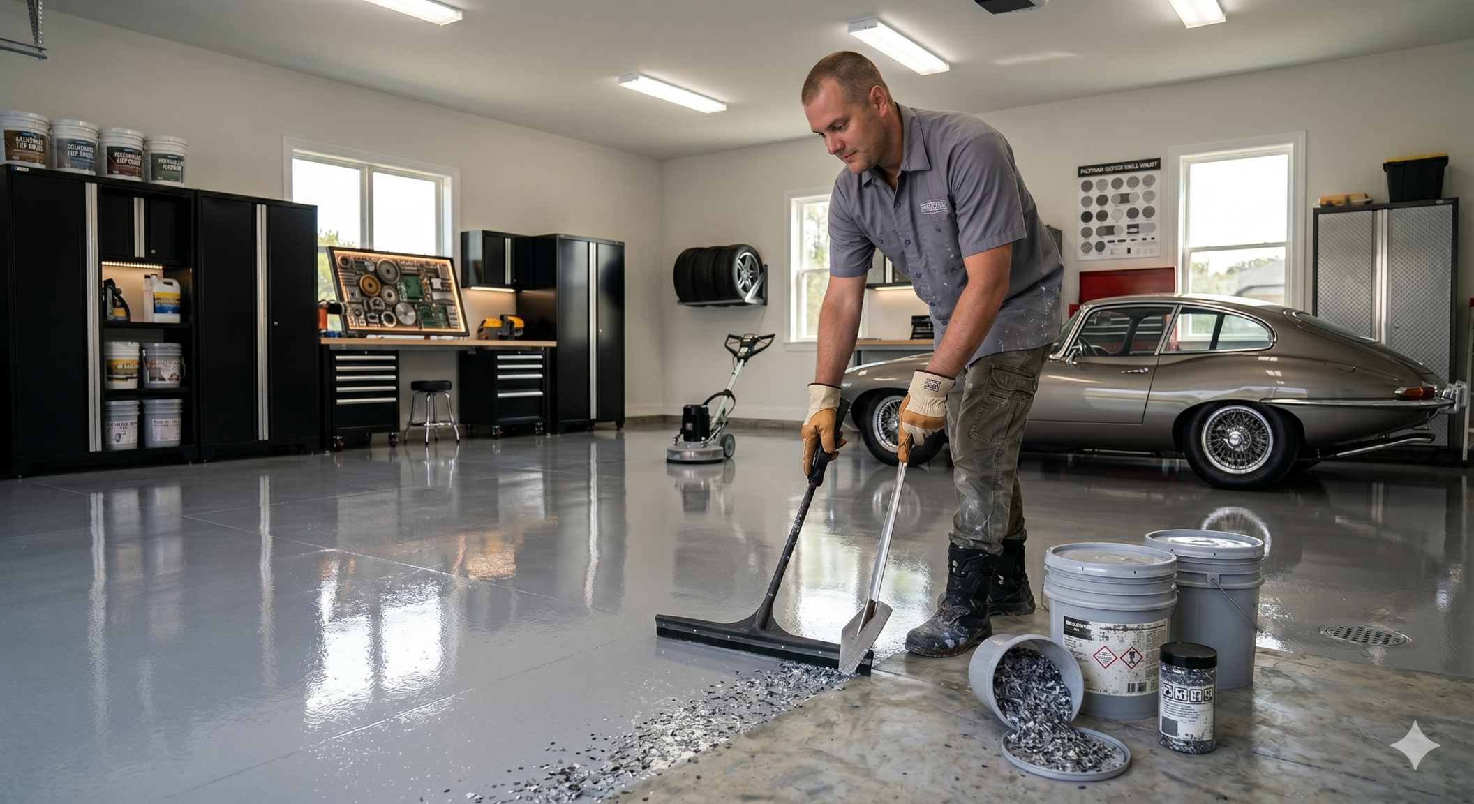 Concrete coating installation in a residential garage.