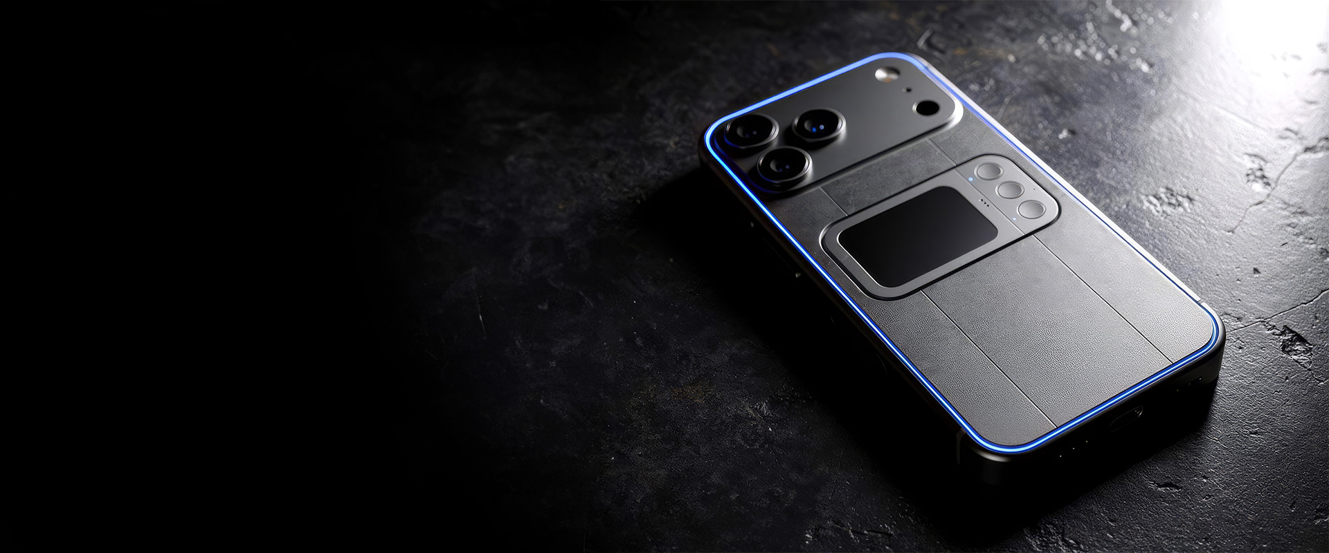 Comucase smartphone case rear view with rear control module, rear touchpad and buttons, and blue LED accent lighting