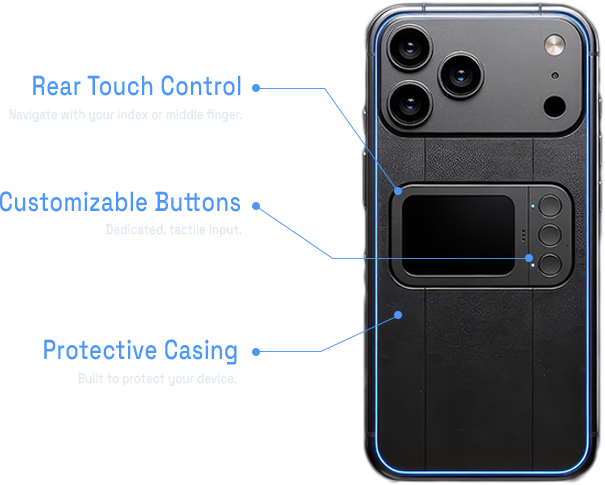 Diagram of Comucase rear touch control, customizable buttons, and protective casing