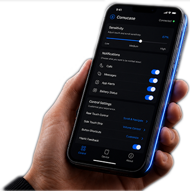 Comucase companion app interface showing sensitivity and control settings