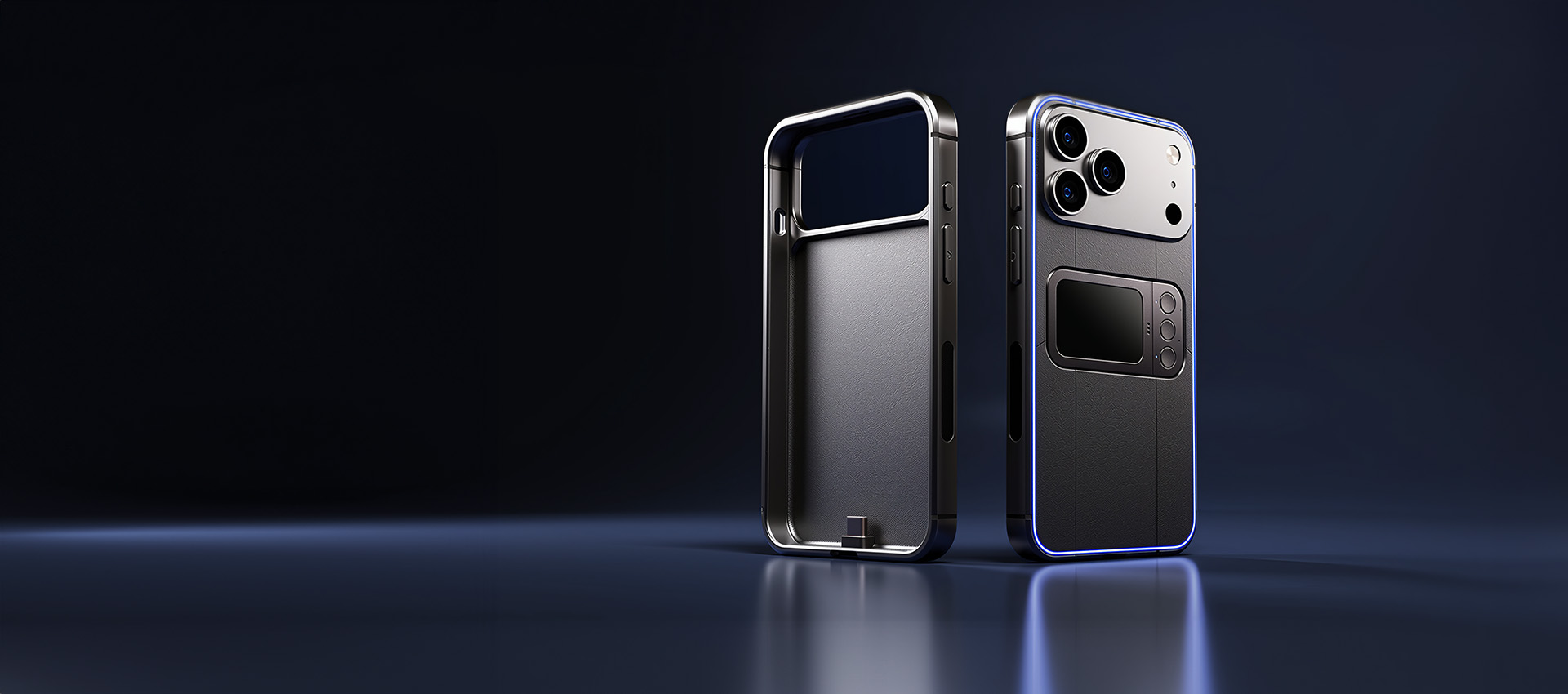 Empty interior and connected rear views of the Comucase smartphone case showing the USB-C connector and rear touch controls