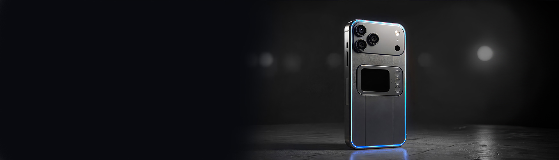 Comucase smartphone case standing upright with blue LED accent lighting in a dark studio setting