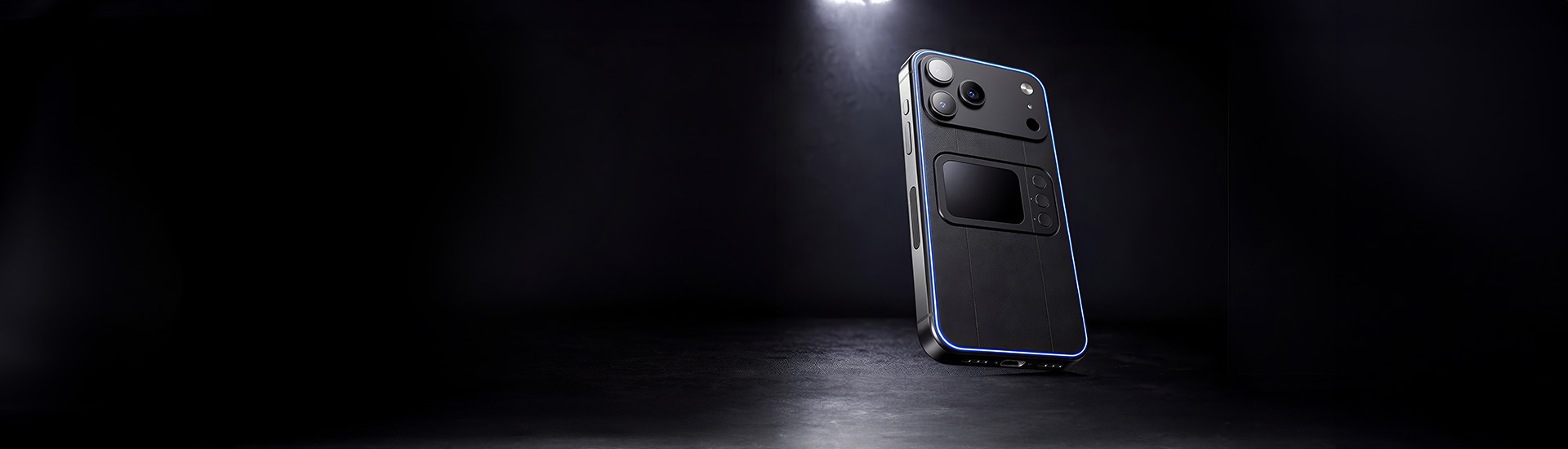 Comucase smartphone case at an angled tilt, highlighting the rear touchpad and blue LED edge lighting