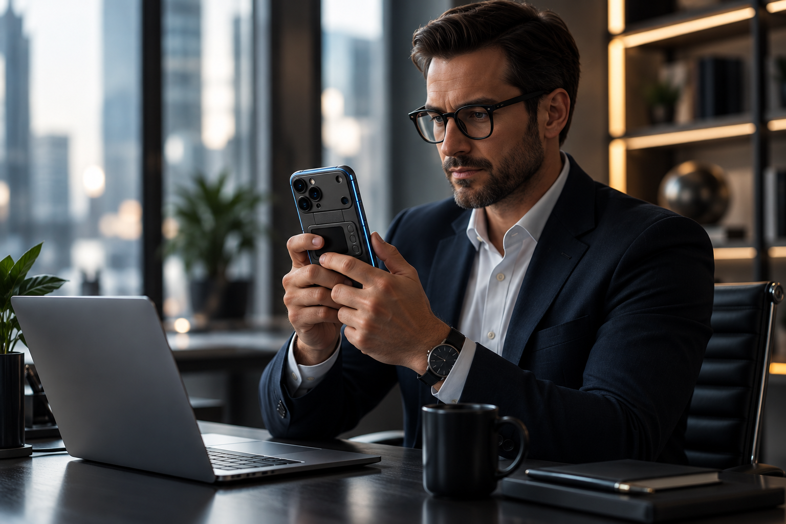 Person using a Comucase-equipped smartphone for productivity while at a desk