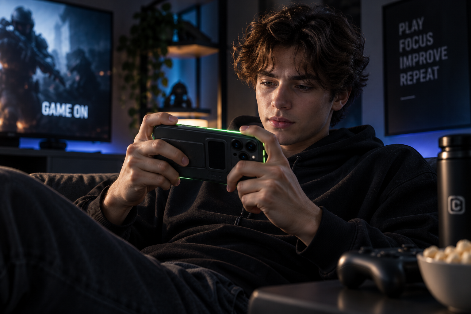 Person using a Comucase-equipped smartphone for gaming