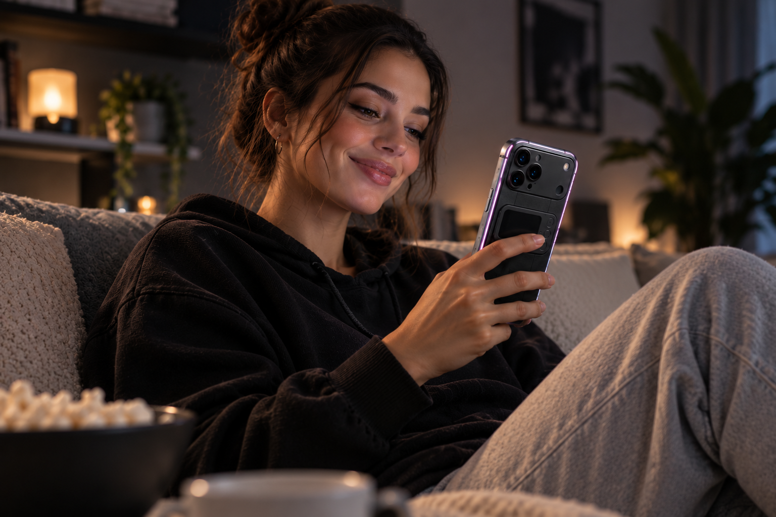Person using a Comucase-equipped smartphone for social media browsing