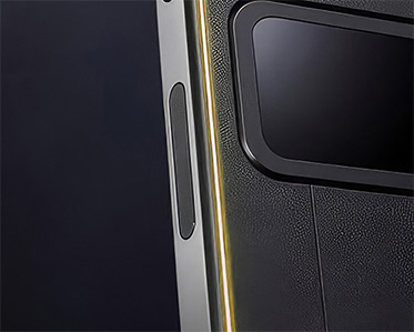 Close-up of Comucase's side scroll touchpad with amber LED accent