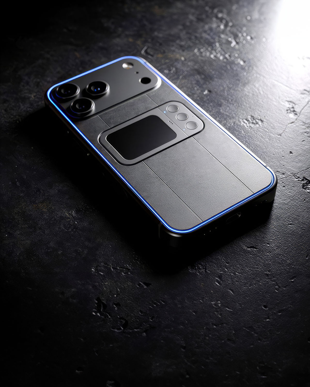 Comucase smartphone case rear view with rear control module, rear touchpad and buttons, and blue LED accent lighting