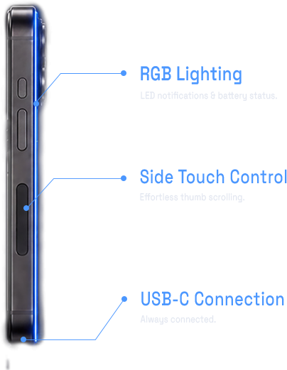 Diagram of Comucase side touch control, RGB lighting, and USB-C connection