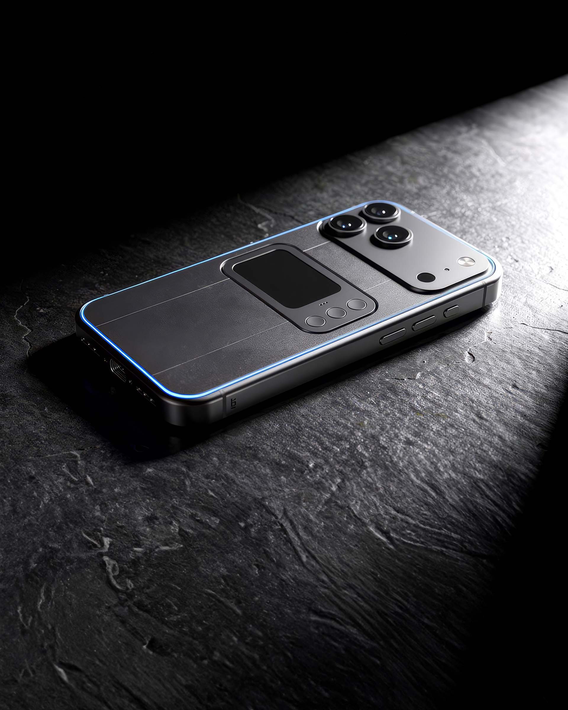 Comucase smartphone case rear view with rear control module, rear touchpad and buttons, and blue LED accent lighting