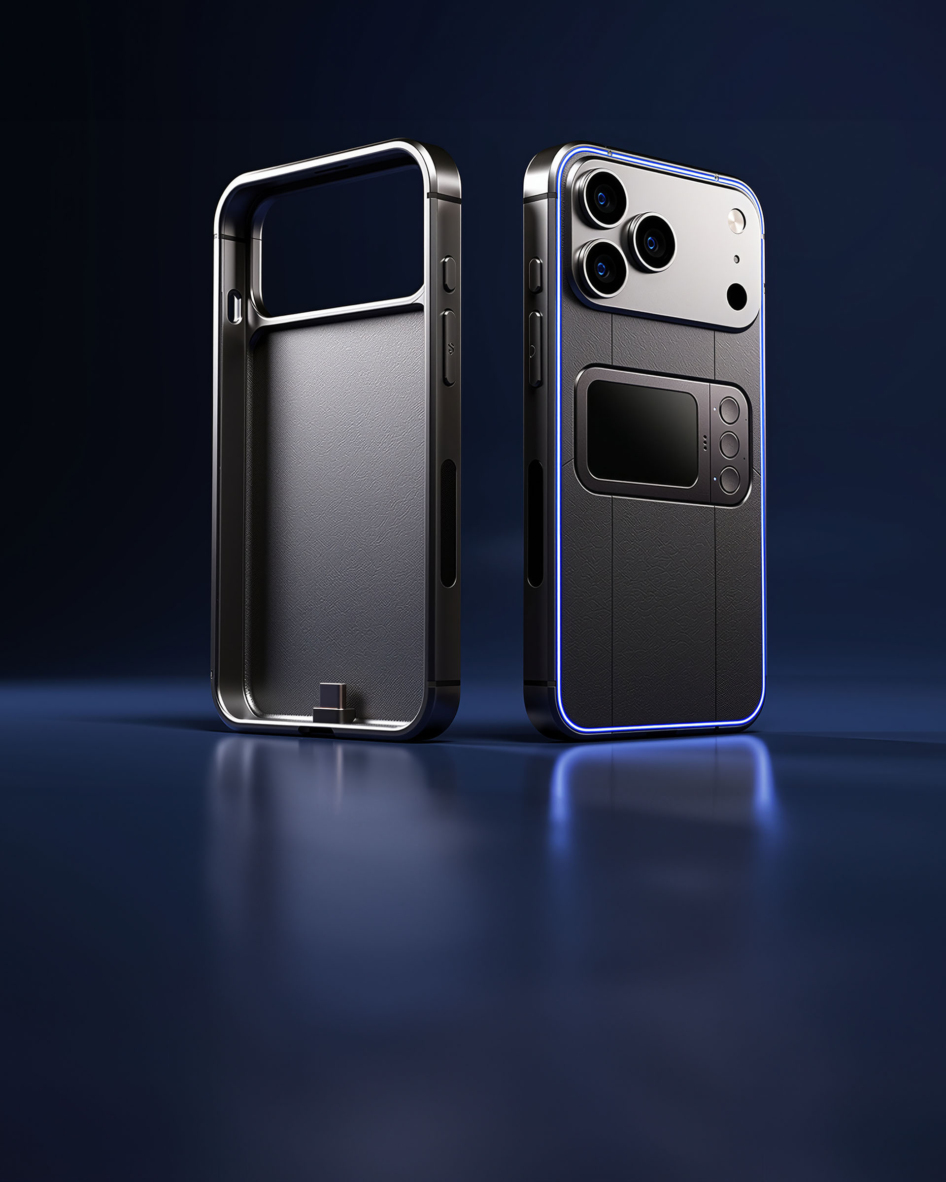 Comucase smartphone case rear view with rear control module, rear touchpad and buttons, and blue LED accent lighting