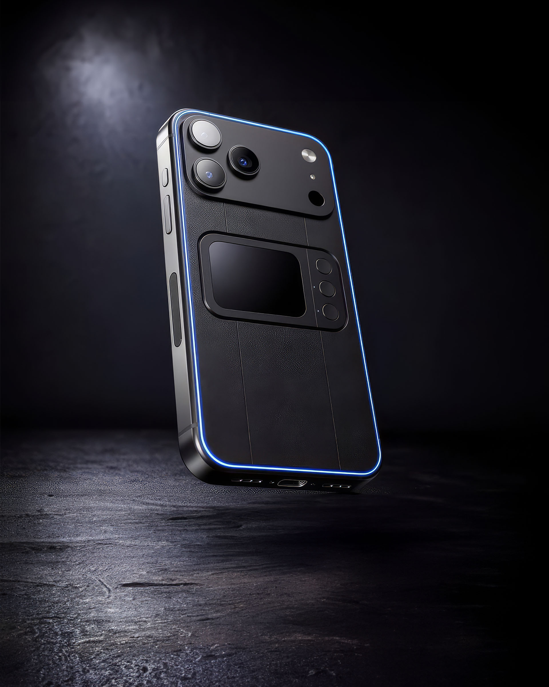 Comucase smartphone case rear view with rear control module, rear touchpad and buttons, and blue LED accent lighting
