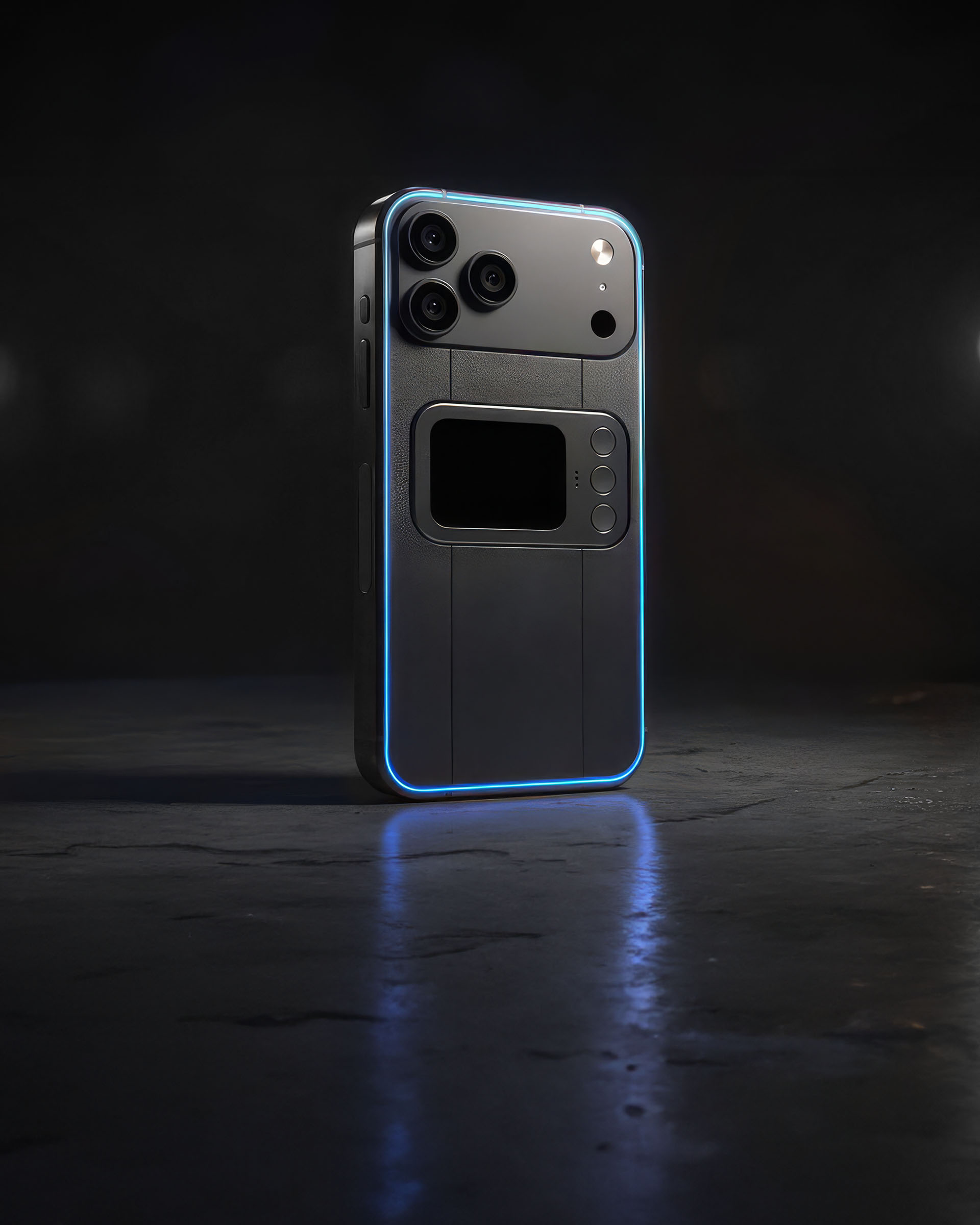 Comucase smartphone case rear view with rear control module, rear touchpad and buttons, and blue LED accent lighting
