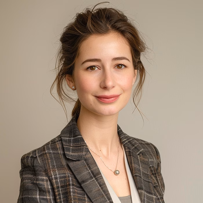 Young woman with brown hair wearing a plaid blazer and a necklace, smiling slightly against a neutral background.