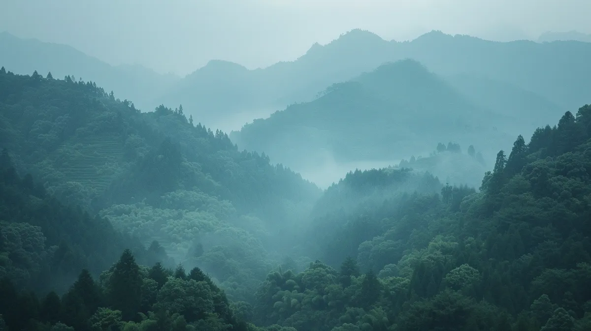 Misty mountain landscape with layered forested ridges fading into fog