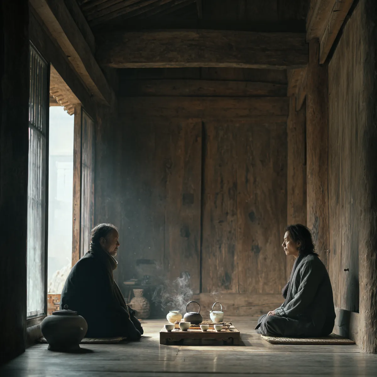 Two people sitting around a low wooden tea table with gongfu cha setup in a traditional wooden interior