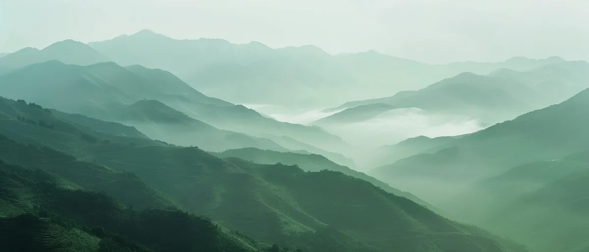 Wide quiet landscape with layered distant mountain ranges receding into mist