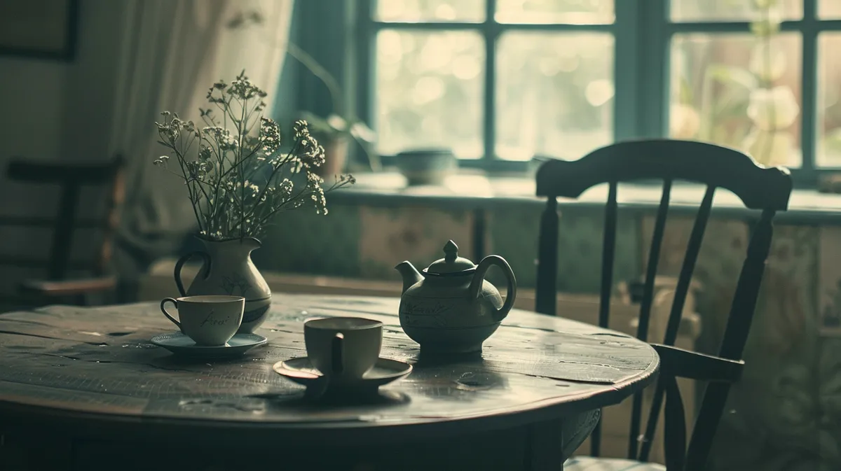 A simple tea table with people gathered around sharing tea