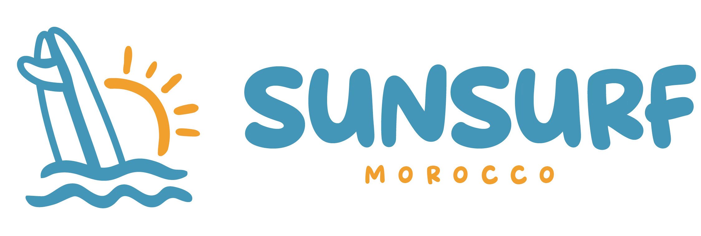 Blue surfboard standing upright in blue waves with an orange sun behind, next to the text 'SUNSURF MOROCCO'.