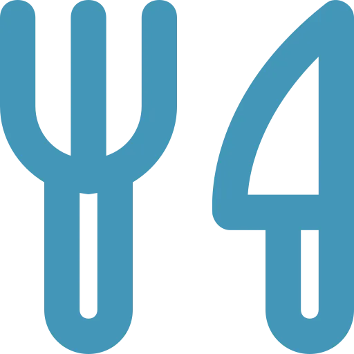 Blue icon of a fork and knife crossed on a transparent background.