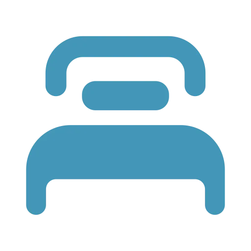 Blue icon of a simple bed with a headboard, mattress, and pillow.