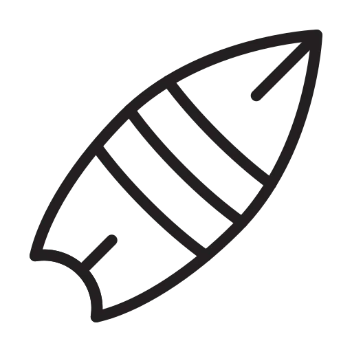 Black line drawing of a surfboard with three horizontal stripes on a transparent background.