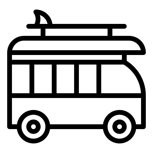 Black silhouette of a classic van with a surfboard on its roof.