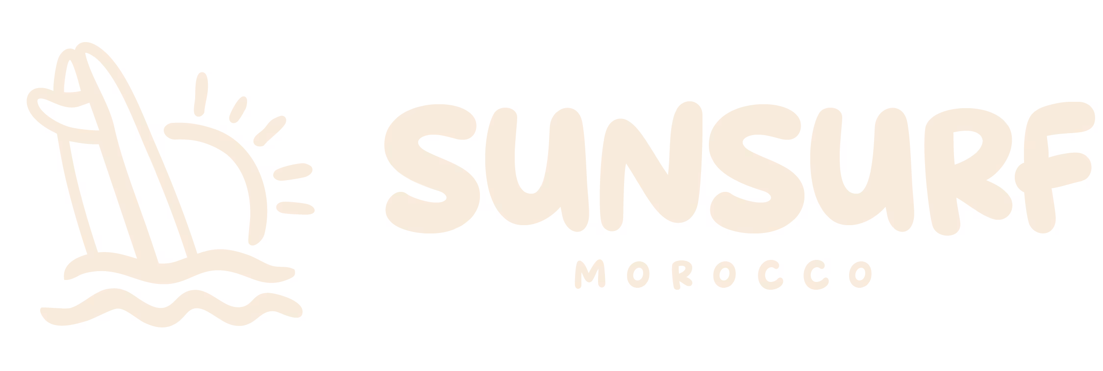 Sun with rays behind a surfboard standing on waves, with text Sunsurf Morocco.