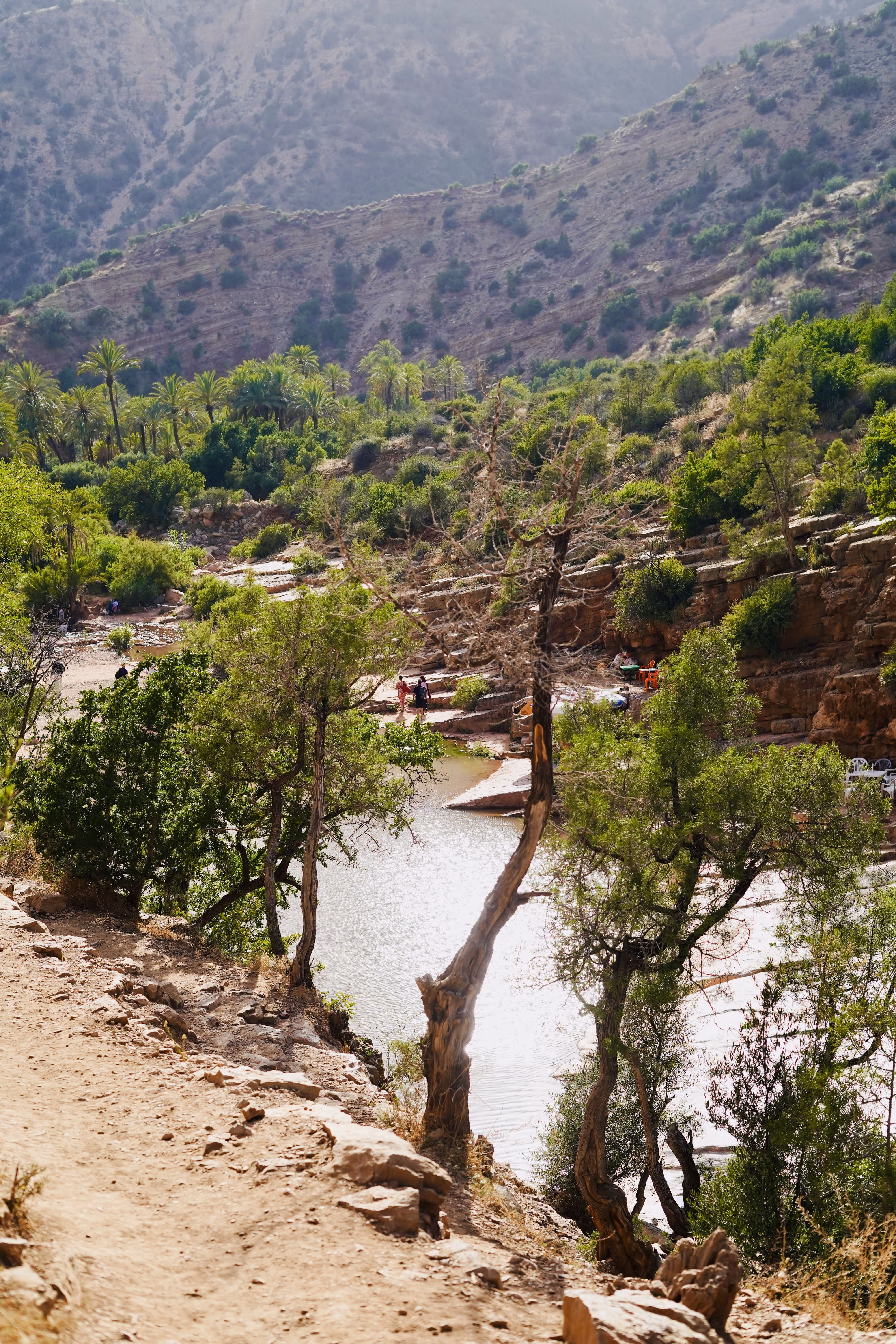 Rugged dirt path beside a river with green trees and hills in the background.