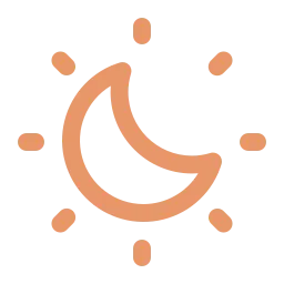 Orange crescent moon with eight small dots arranged in a circle around it.