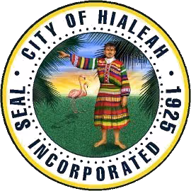 Seal of the City of Hialeah, Florida, featuring a person in colorful traditional attire with a pink flamingo, palm trees, and sun in the background, encircled by text reading 'Seal City of Hialeah Incorporated 1925.'