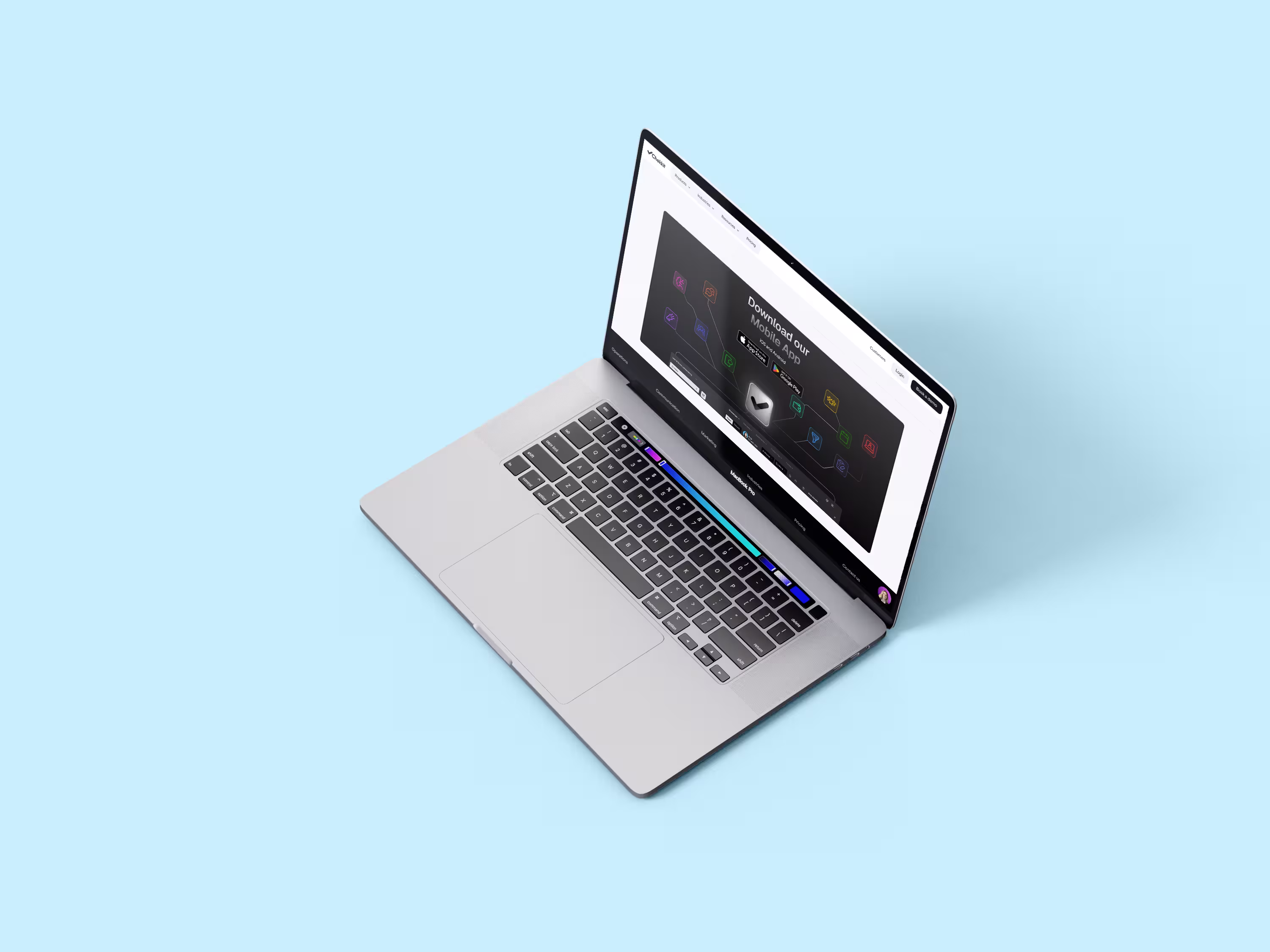 Open laptop on a light blue surface displaying a webpage with a dark app download section and colorful icons.