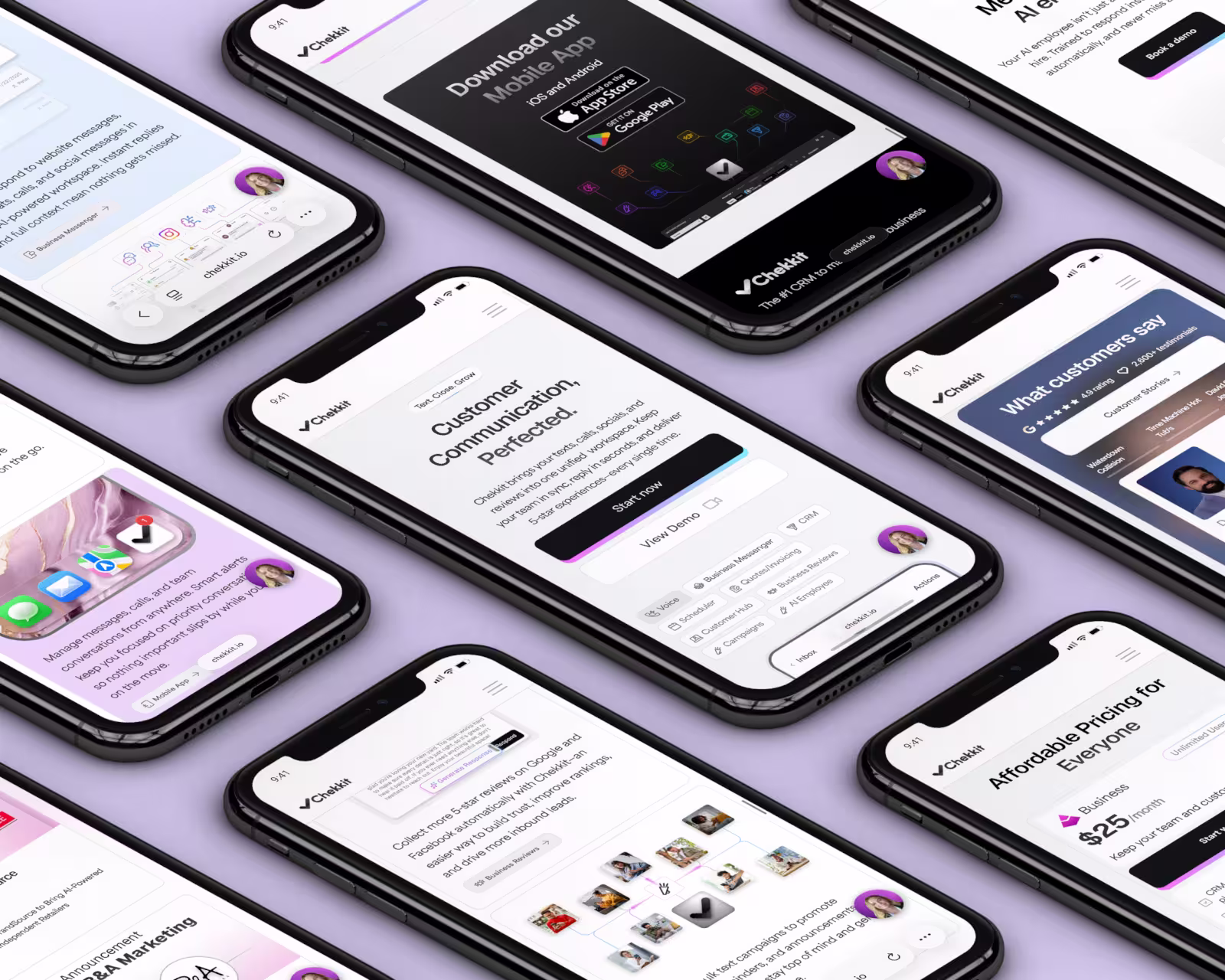 Multiple smartphones displaying Chekkit mobile app screens showcasing features like customer communication, pricing, reviews, and app download options on a purple background.