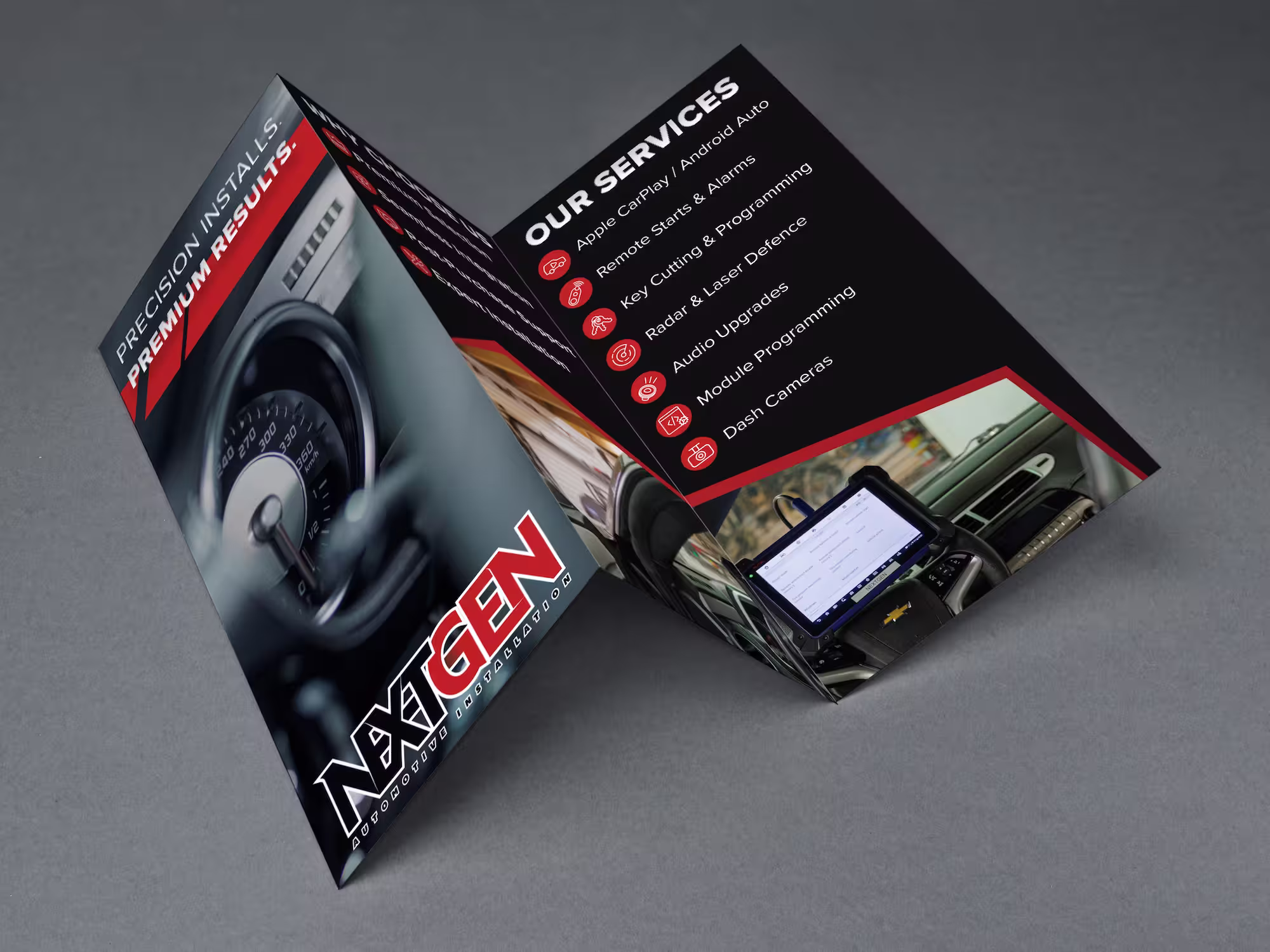 Folded brochure for NextGen Automotive Installation showing a speedometer, services offered, and a diagnostic tablet mounted on a car steering wheel.