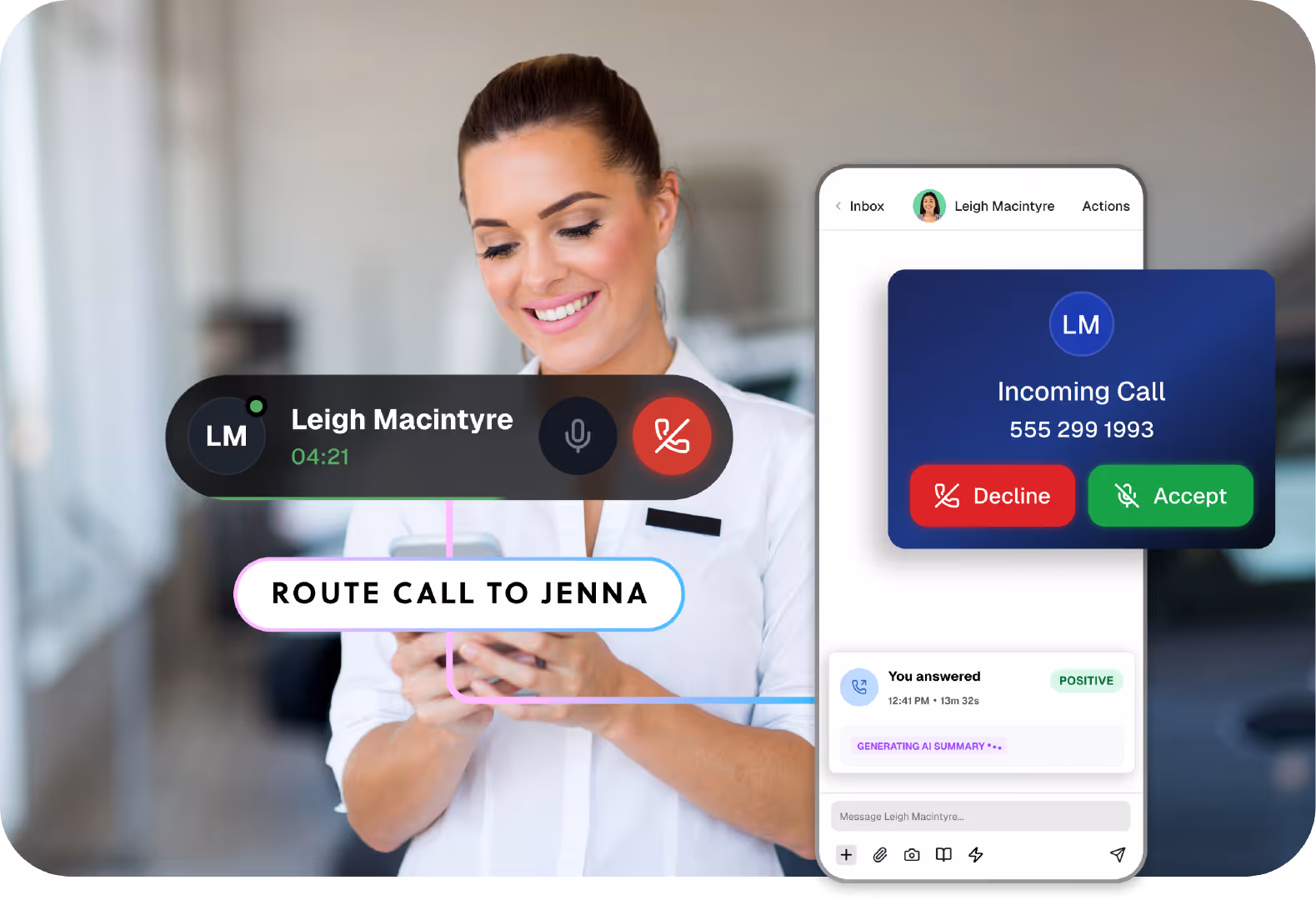 Smiling woman using phone with digital interface showing ongoing call with Leigh Macintyre and options to route call, decline or accept incoming call.
