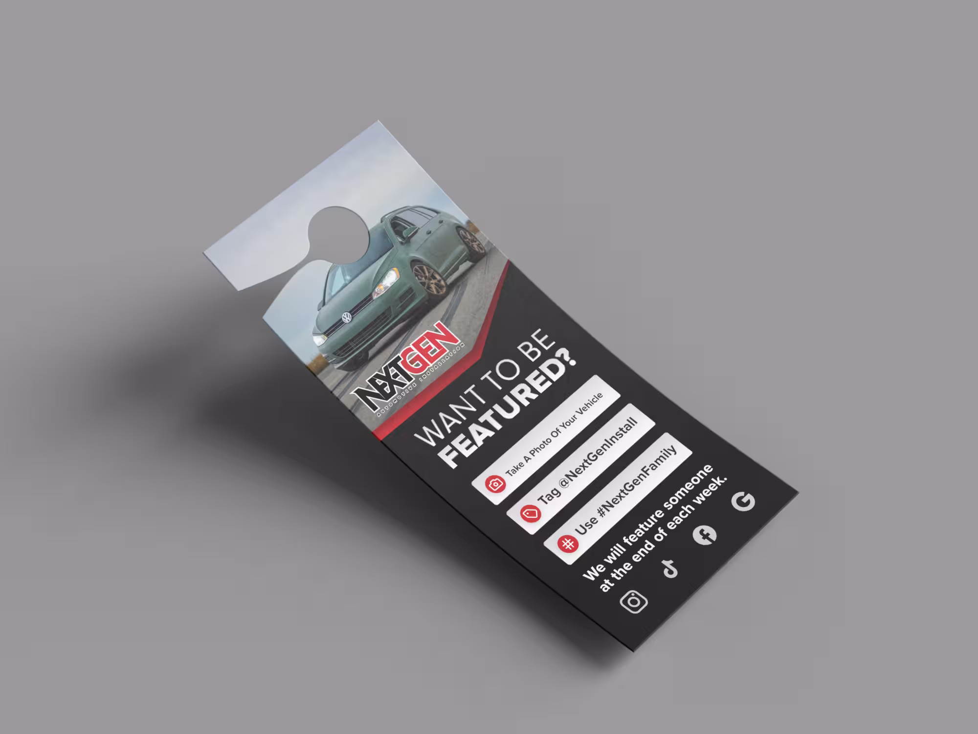 NextGen door hanger featuring a green Volkswagen car and instructions to get featured by tagging @NextGenInstall and using #NextGenFamily on social media.