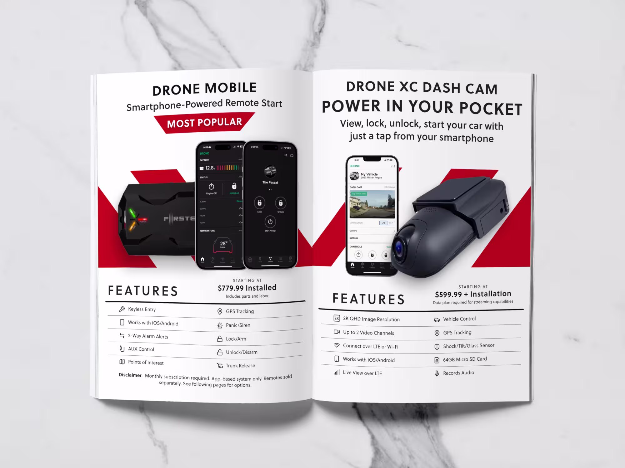 Open catalog showing DRONE MOBILE smartphone-powered remote start with features and price, and DRONE XC DASH CAM with features and price.