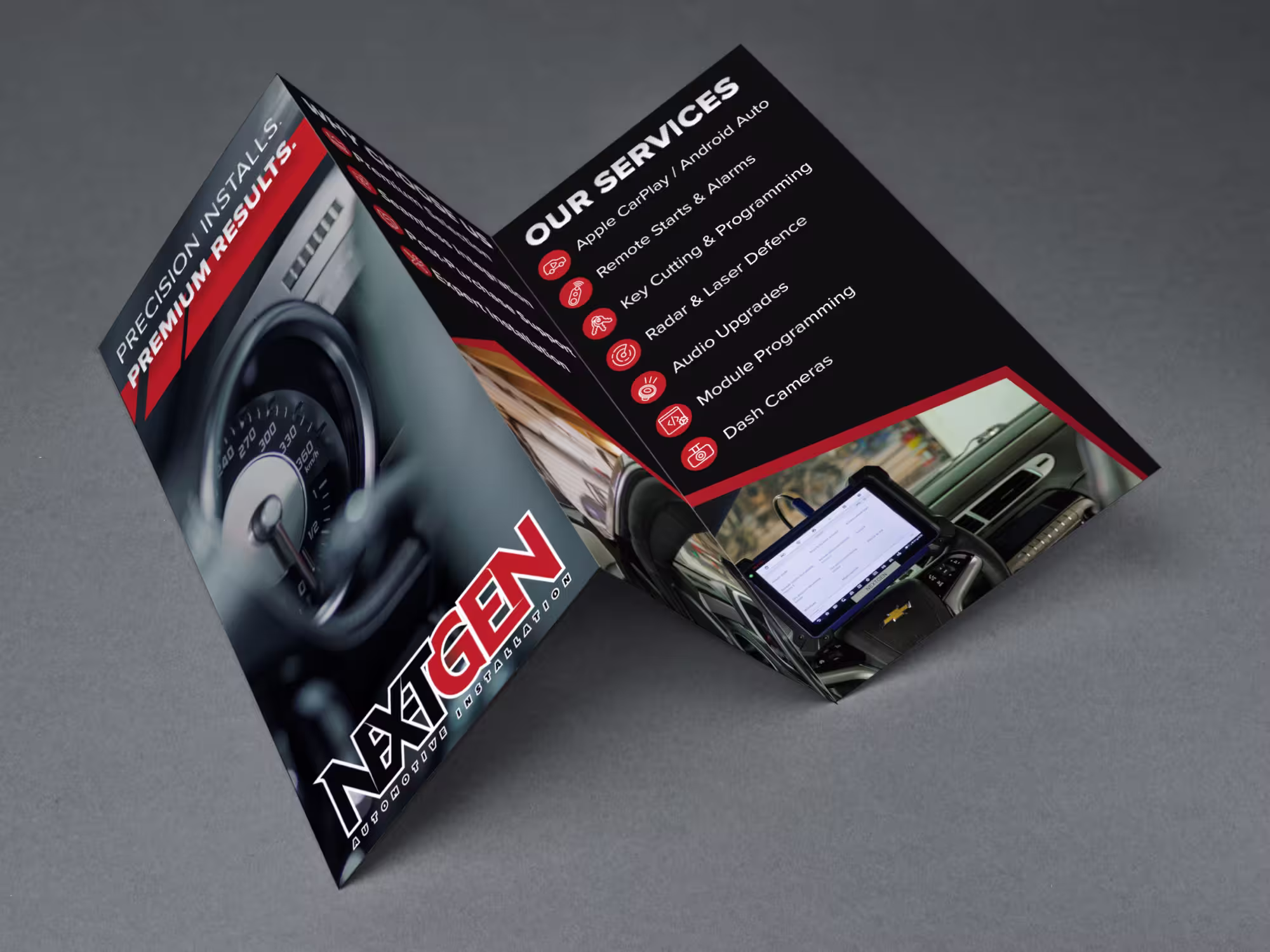 NextGen automotive installation brochure featuring a speedometer on the front and a list of services including Apple CarPlay, remote starts, key cutting, radar defense, audio upgrades, module programming, and dash cameras.